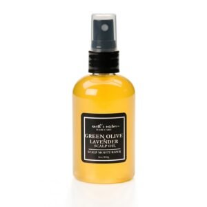 Earth's Nectar Yeşil Zeytin ve Lavanta Scalp Oil 4 oz amber sprey şişe, siyah pompalı kapak, beyaz arka plan