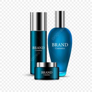 3 parçalı koyu mavi ve gümüş tonlu kozmetik seti - uzun serum spreyi, yuvarlak toner şişesi ve küçük krem kavanozu, şeffaf arka planda